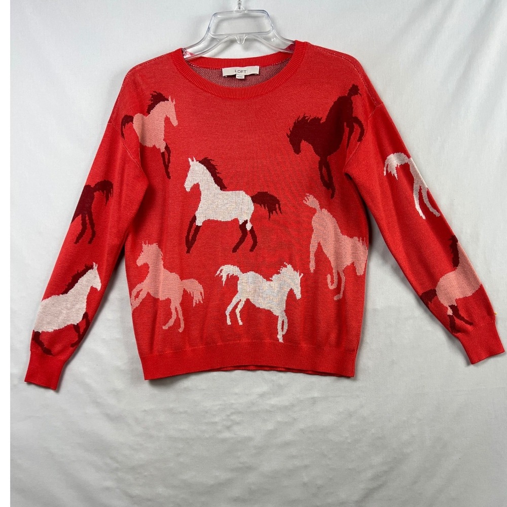 Loft Horse Print Sweater Women XXS Red Knit Equestrian Crewneck Pullover